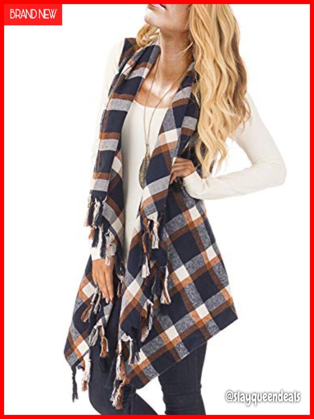 Womens Plaid Sleeveless Cardigan Vest Open Front Asymmetrical Hem Tassel
